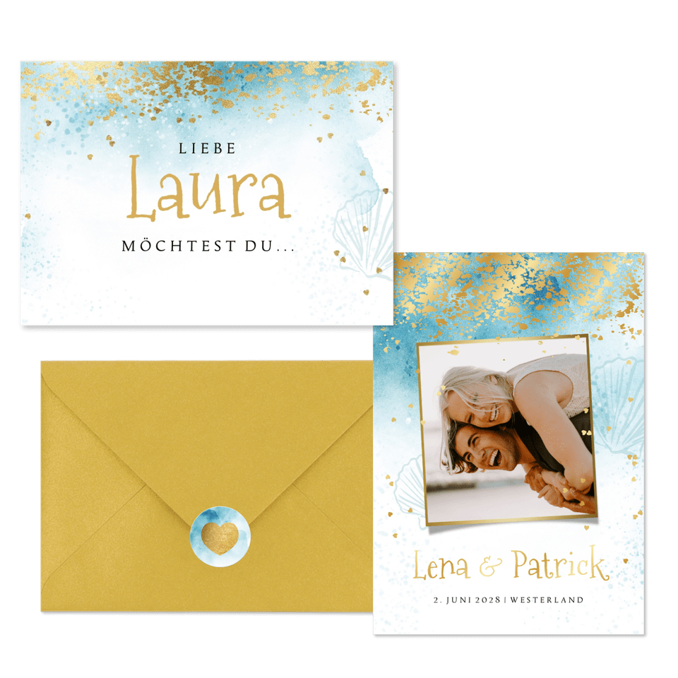 Hochzeitskartenset sommerlich Strandlook mit Gold