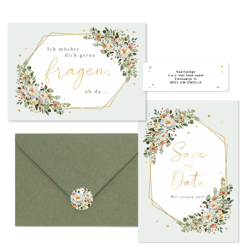 Hochzeitskartenset Pfingstrose Blumenbukett Mintgrün