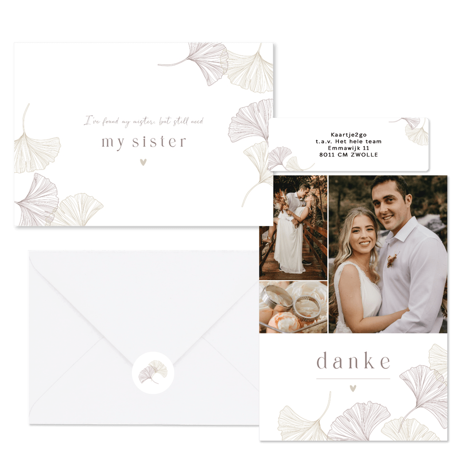 Schlichtes Hochzeitskartenset mit feinen Ginkgoblättern