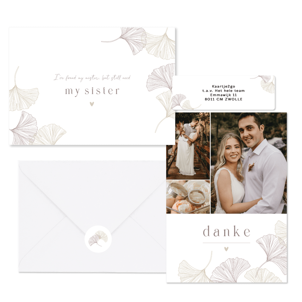 Schlichtes Hochzeitskartenset mit feinen Ginkgoblättern