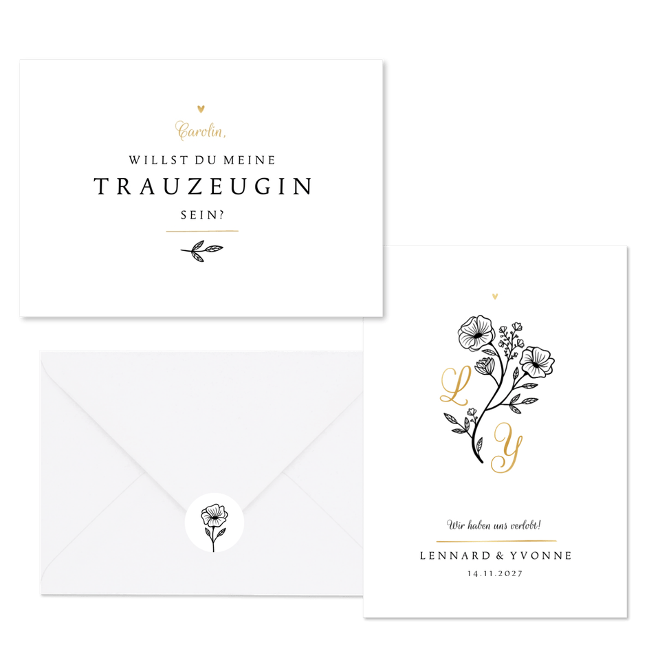 Hochzeitskartenset Blumenillustration schwarz-weiß