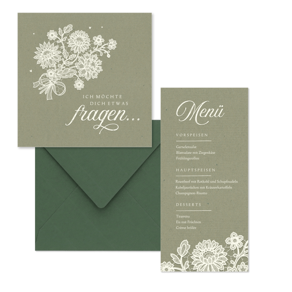 Hochzeitskartenset Spitze auf Olivgrün