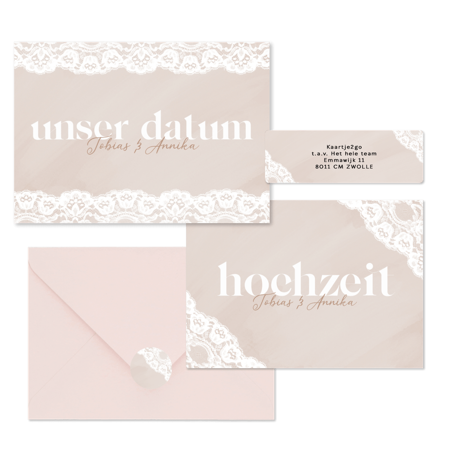 Hochzeitskartenset Spitzendekor auf Altrosa