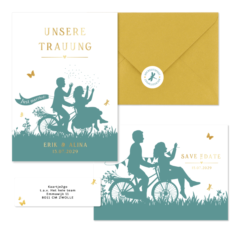 Hochzeitskartenset Scherenschnitt Brautpaar auf Fahrrad