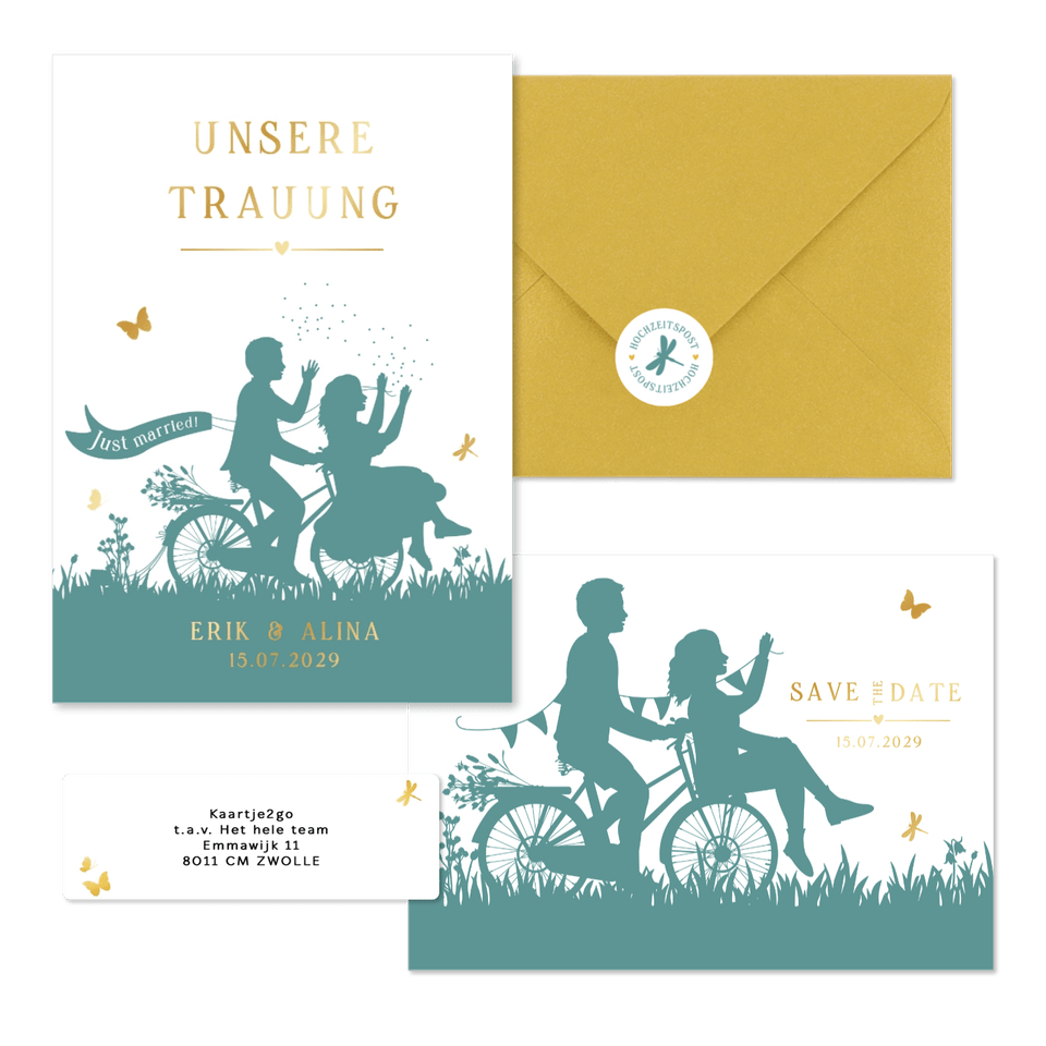 Hochzeitskartenset Scherenschnitt Brautpaar auf Fahrrad