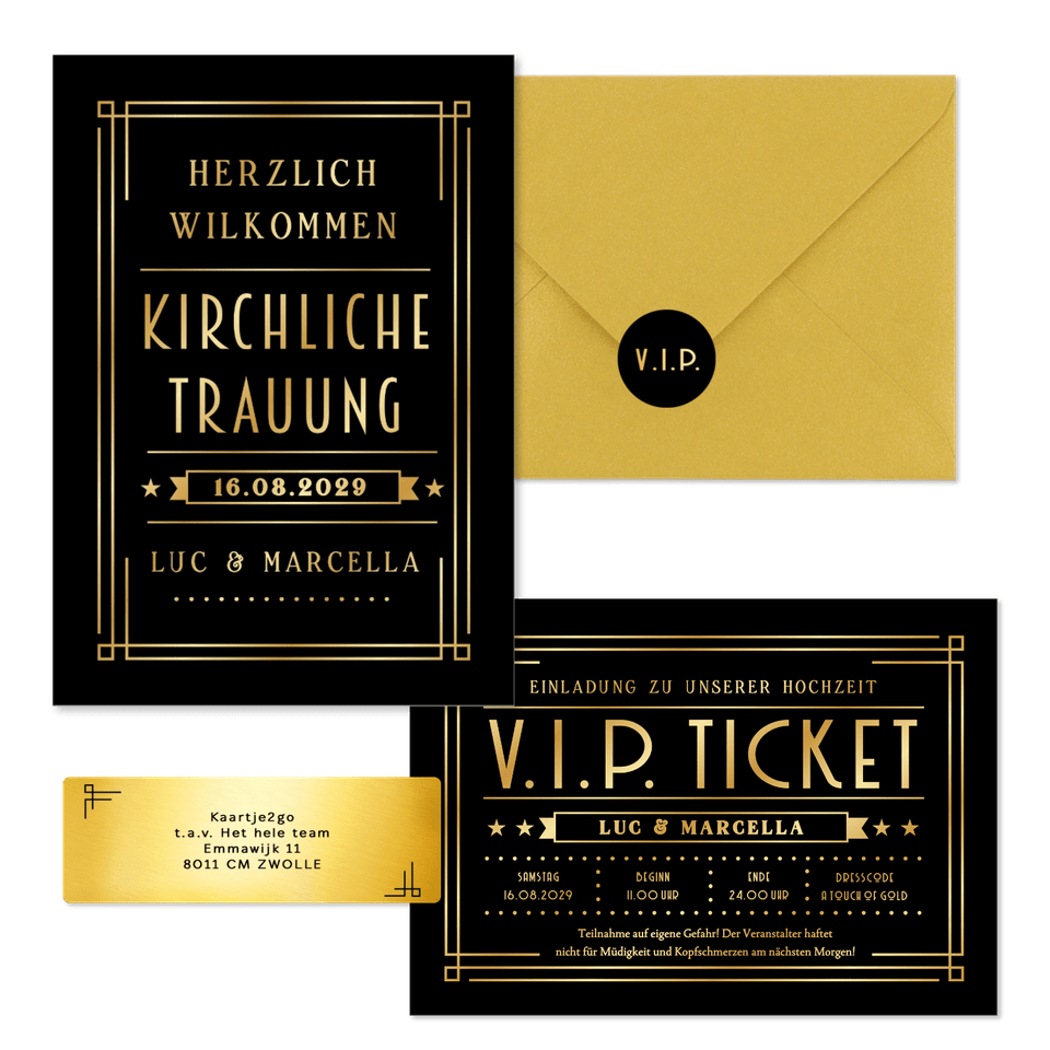 Hochzeitskartenset Artdeco Ticket in Gold & Schwarz