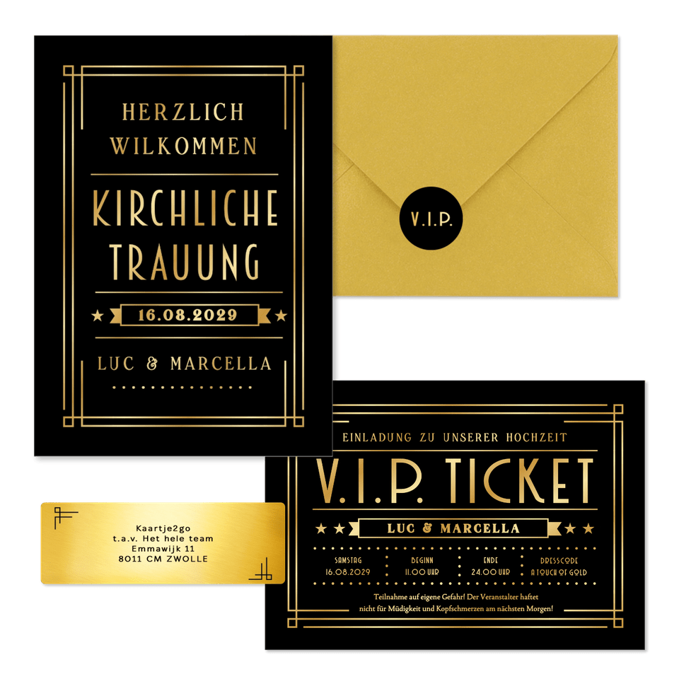 Hochzeitskartenset Artdeco Ticket in Gold & Schwarz
