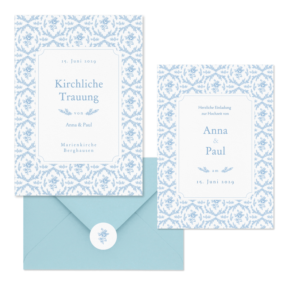 Hochzeitskartenset Hellblau englische Rosen klassisch