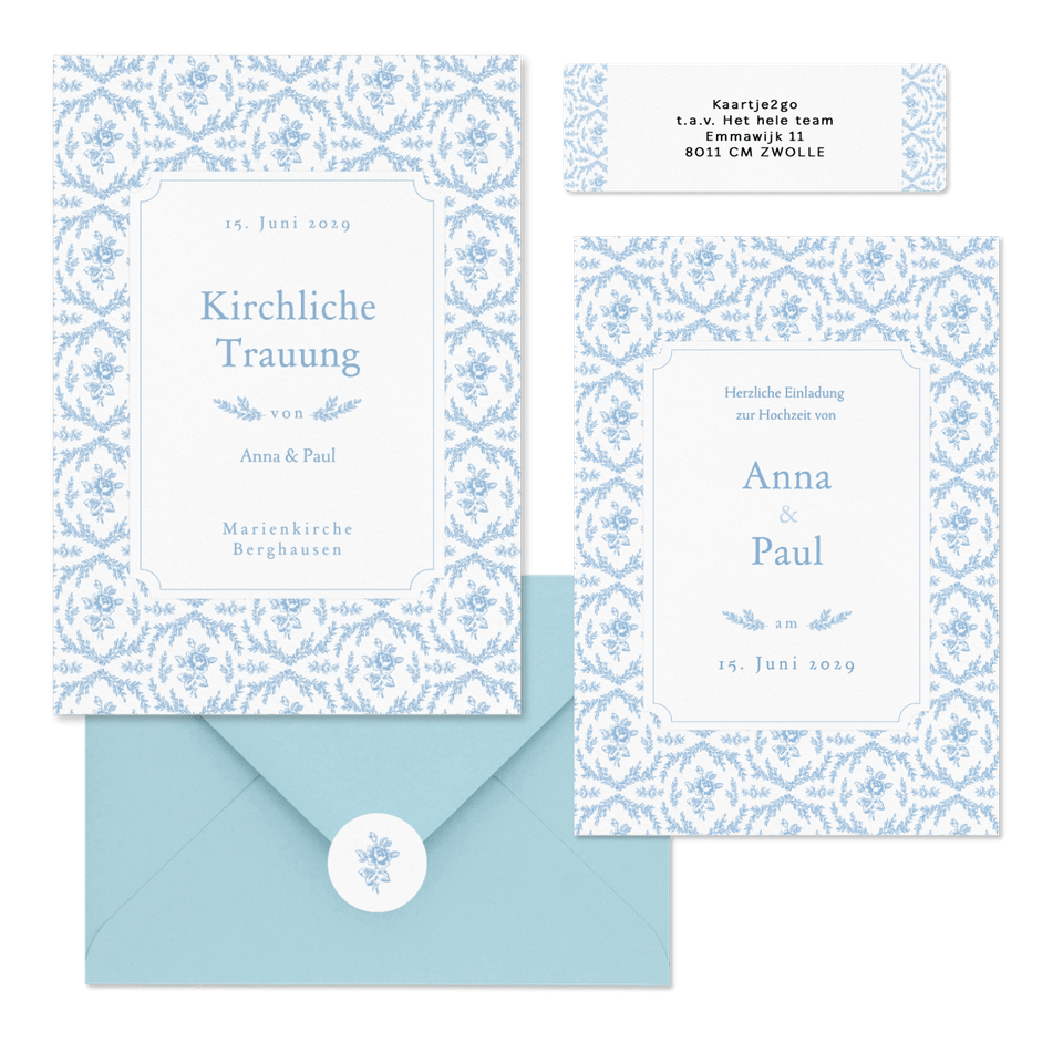 Hochzeitskartenset Hellblau englische Rosen klassisch