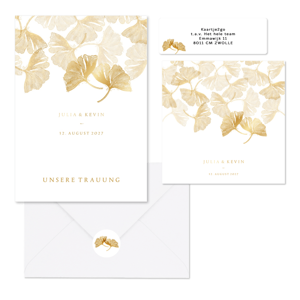 Hochzeitskartenset goldener Gingko Stempel