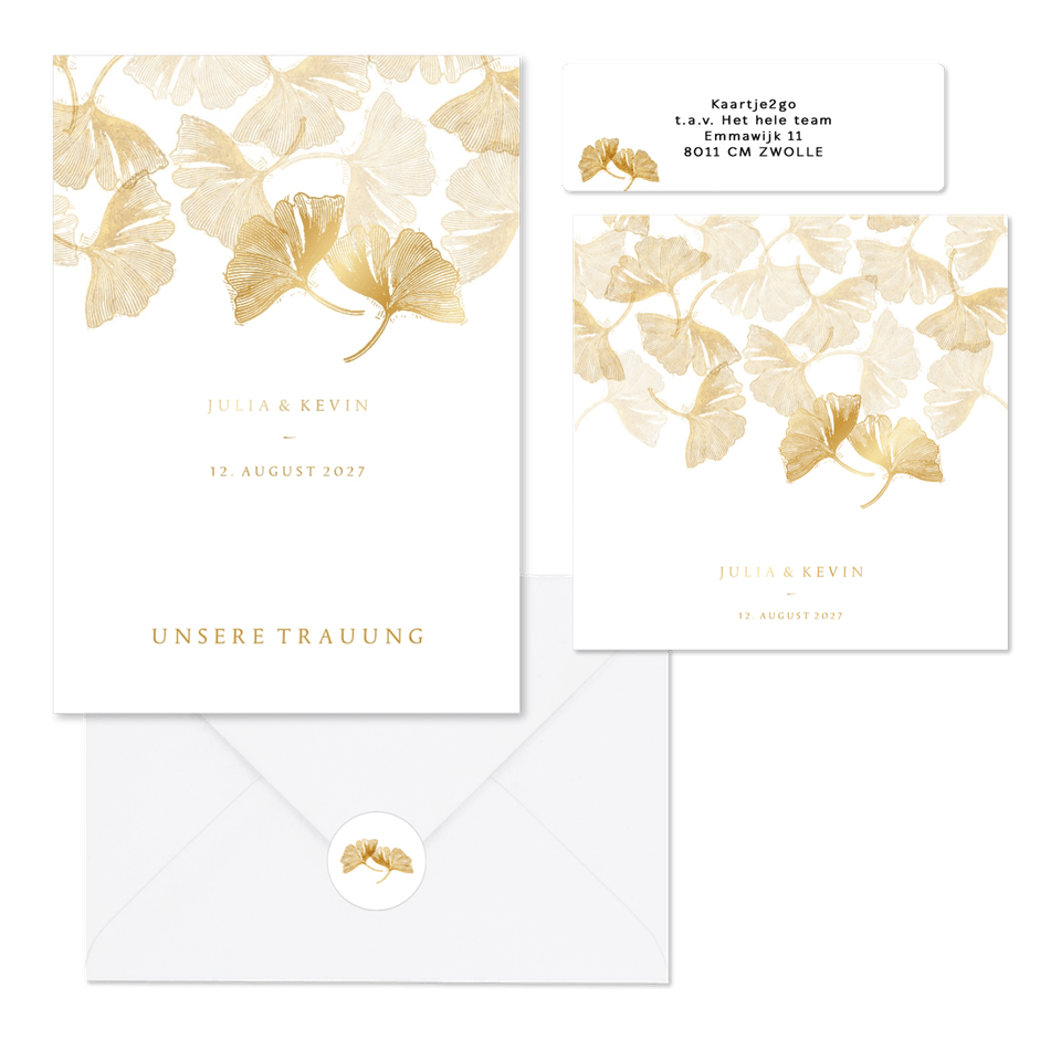 Hochzeitskartenset goldener Gingko Stempel
