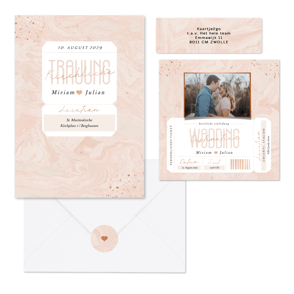 Hochzeitskartenset in rosa Marmoroptik als Ticket