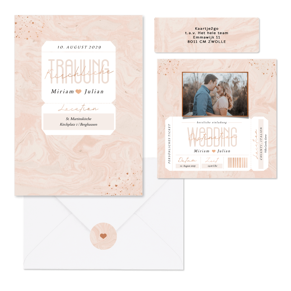 Hochzeitskartenset in rosa Marmoroptik als Ticket 