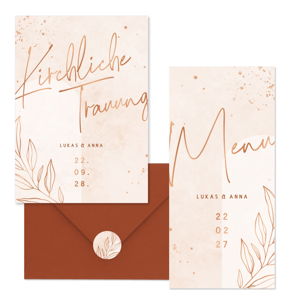 Hochzeitskartenset filigraner Zweig auf Rosé