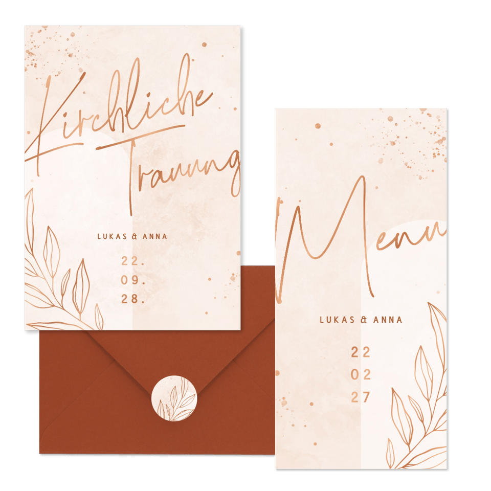 Hochzeitskartenset filigraner Zweig auf Rosé