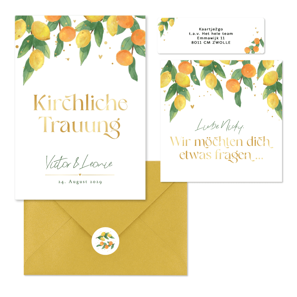 Hochzeitskartenset Zitruszweige mit Zitronen und Orangen