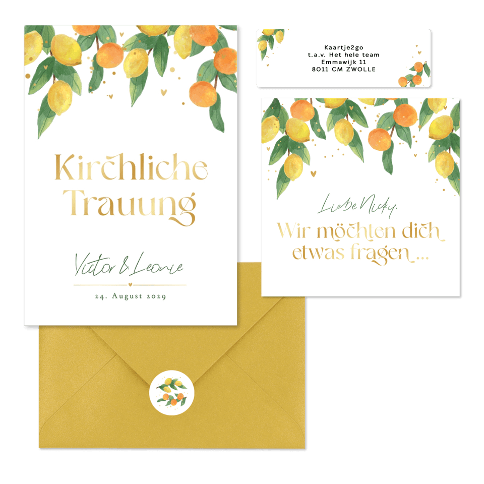 Hochzeitskartenset Zitruszweige mit Zitronen und Orangen