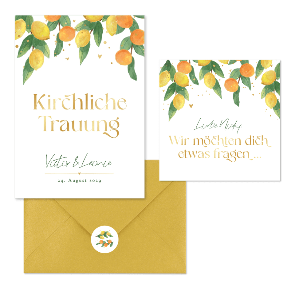 Hochzeitskartenset Zitruszweige mit Zitronen und Orangen