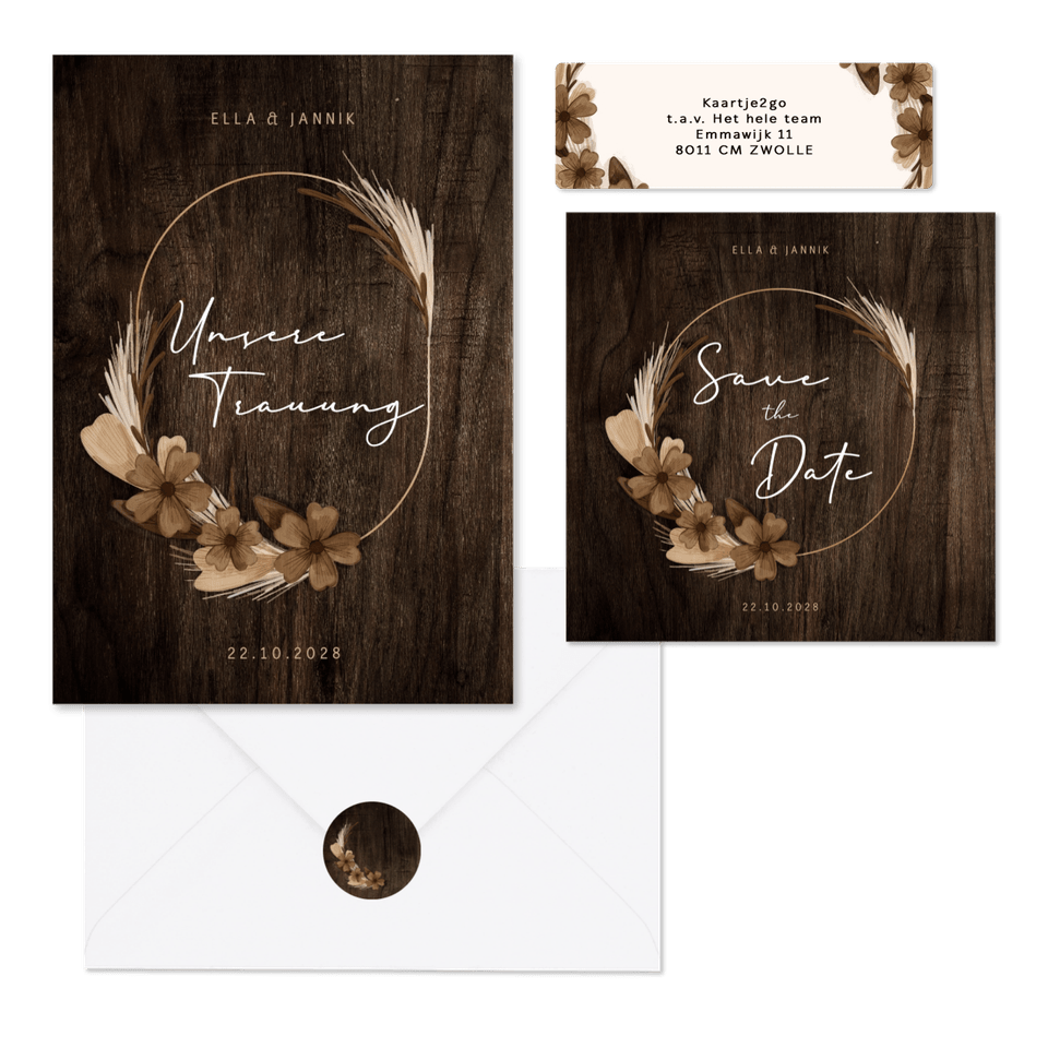Hochzeitskartenset Trockenblumenkranz auf Holz