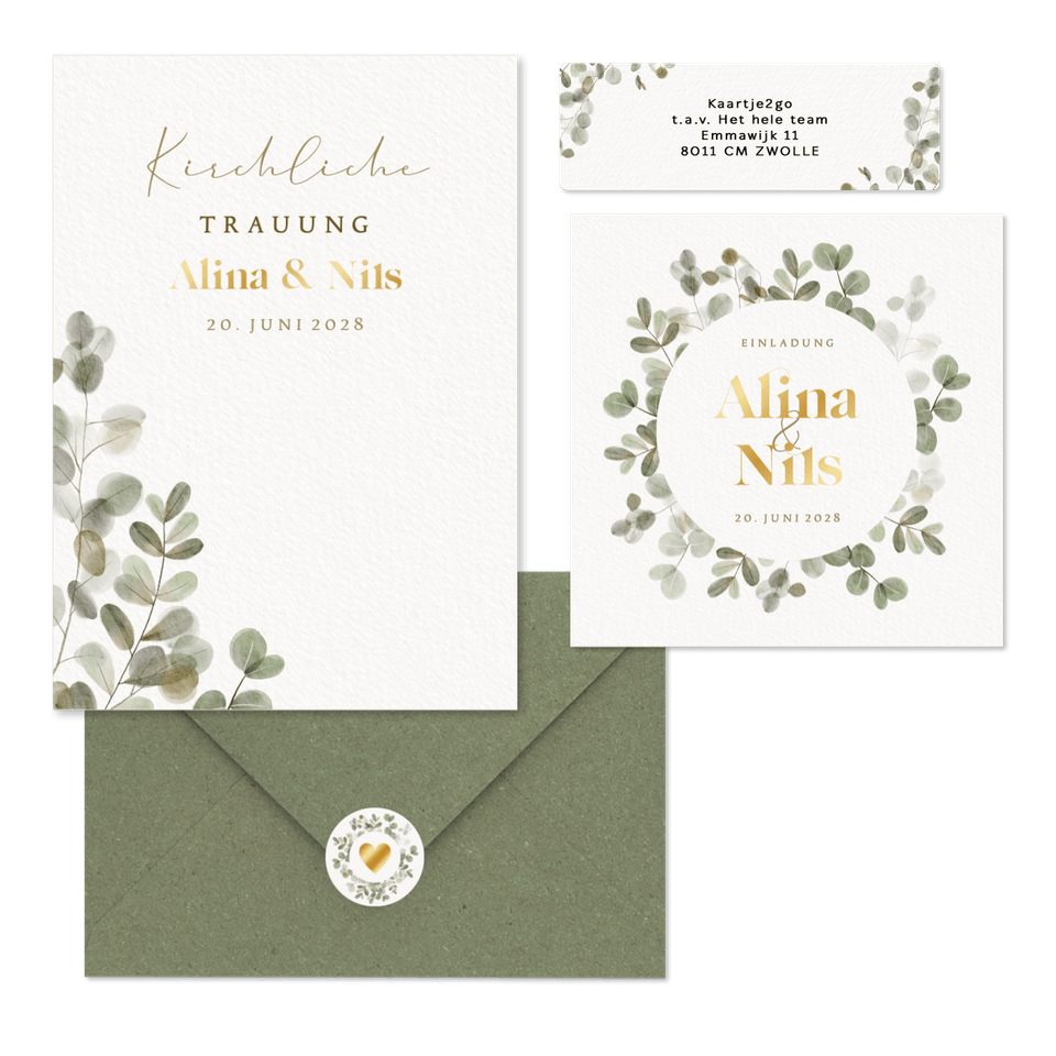 Hochzeitskartenset mit Eukalyptuskranz und Goldschrift