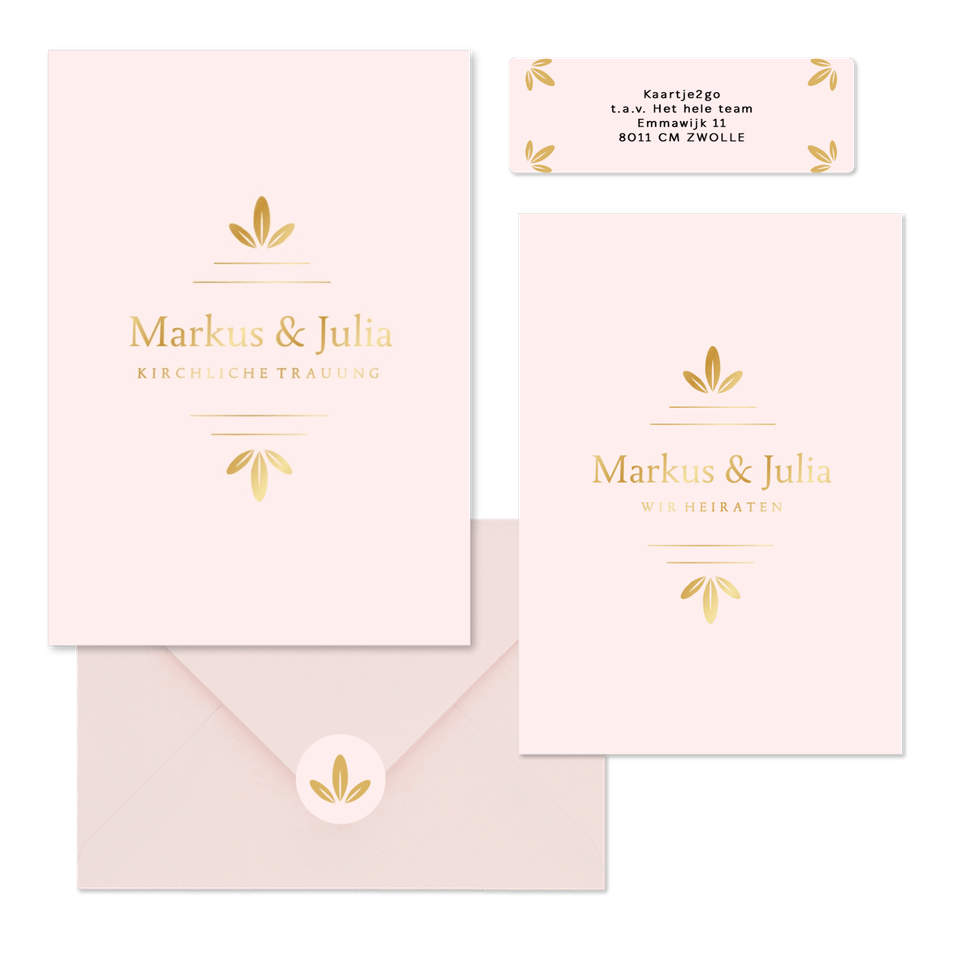 Hochzeitskartenset schlichtes Rosa mit Goldornamente
