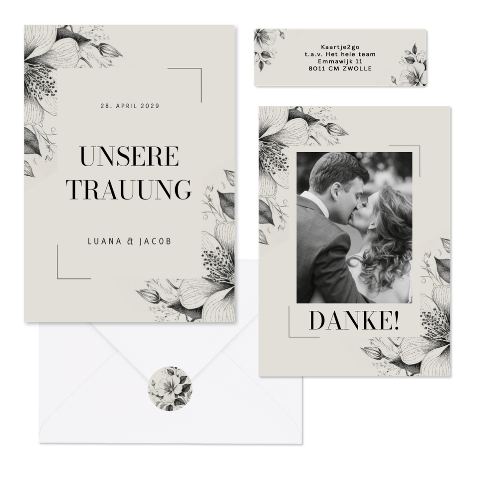 Hochzeitskartenset Vintage Blumen als Kohlezeichnung