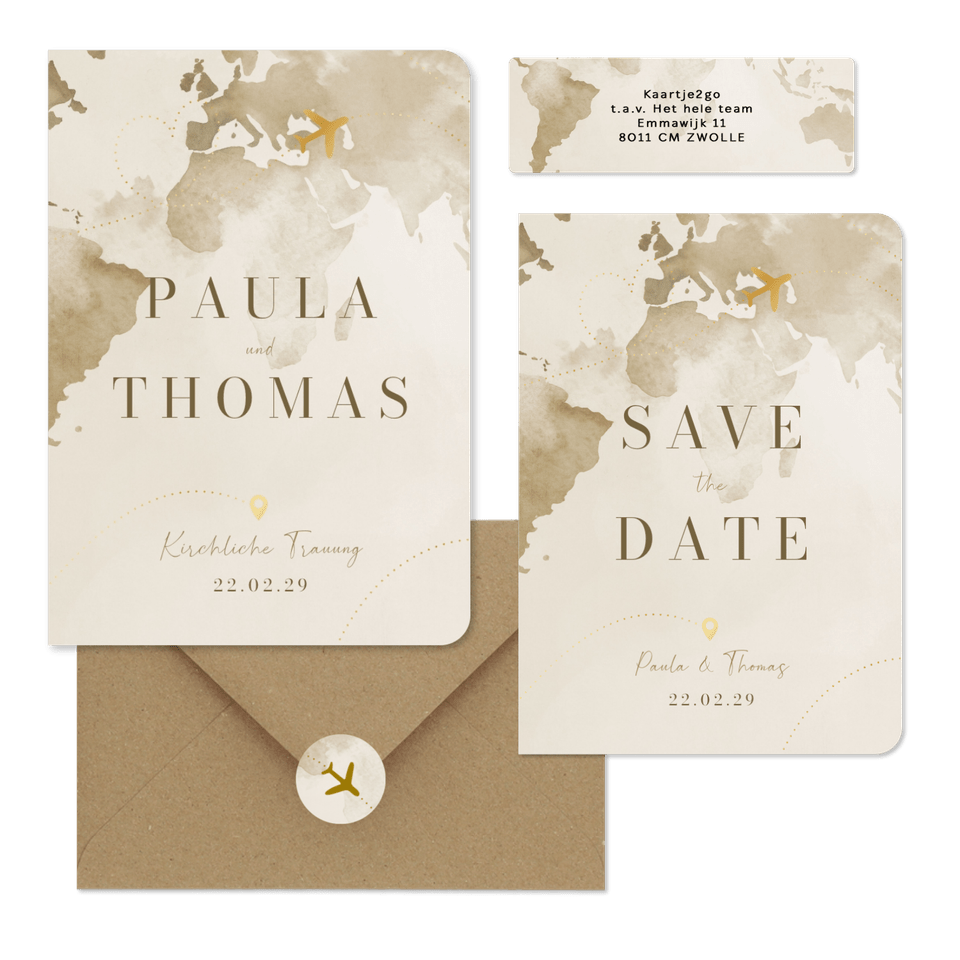 Hochzeitskartenset Aquarell Weltkare in Beige mit goldenem Flugzeug