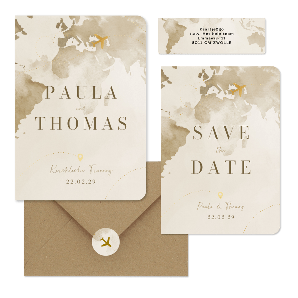 Hochzeitskartenset Aquarell Weltkare in Beige mit goldenem Flugzeug