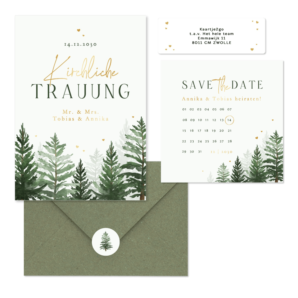 Winterhochzeit Kartenset Tannenbäume in Aquarell auf Hellgrün