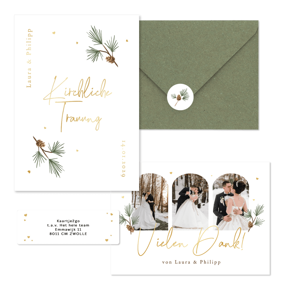 Hochzeitskartenset schlicht Winter Tannenzweige und Zapfen