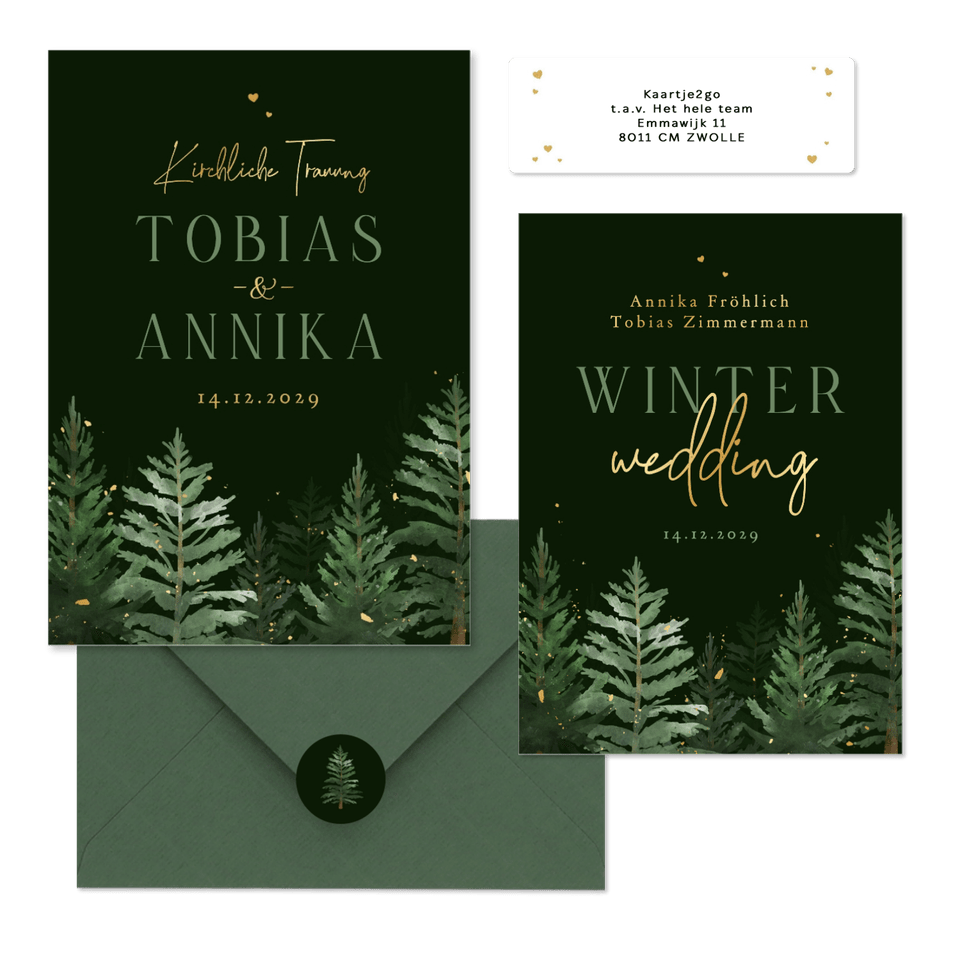 Hochzeitskarten Winterset Tannenbäume in Aquarell auf Dunkelgrün