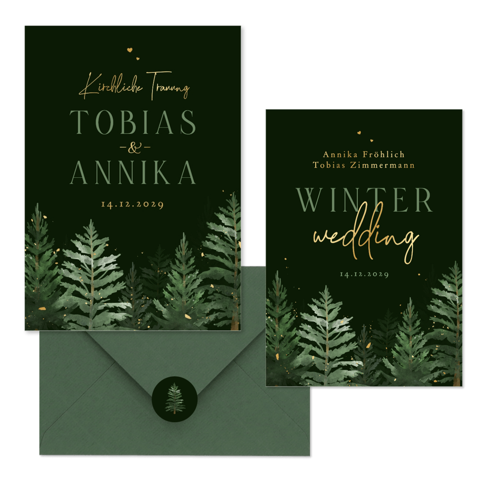Hochzeitskarten Winterset Tannenbäume in Aquarell auf Dunkelgrün