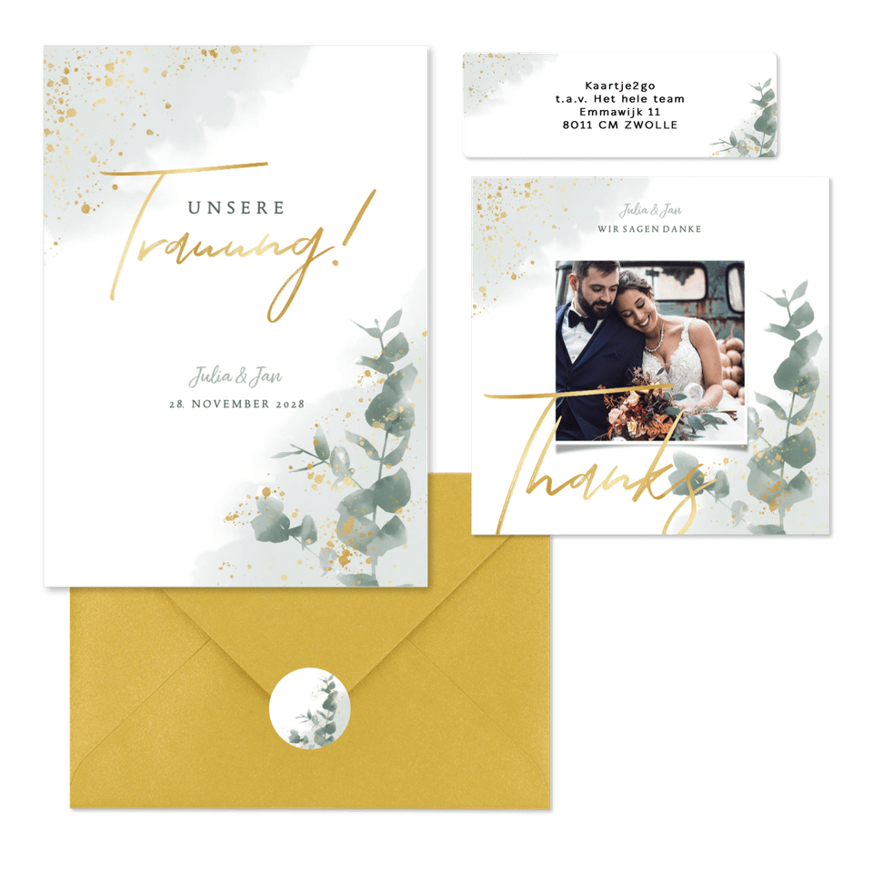 Hochzeitskarten Pastellgrün botanisch mit Eukalyptus