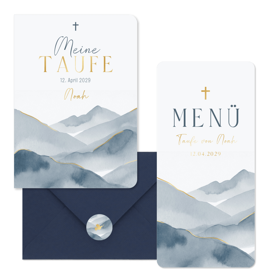 Taufe - Aquarell Berge blau