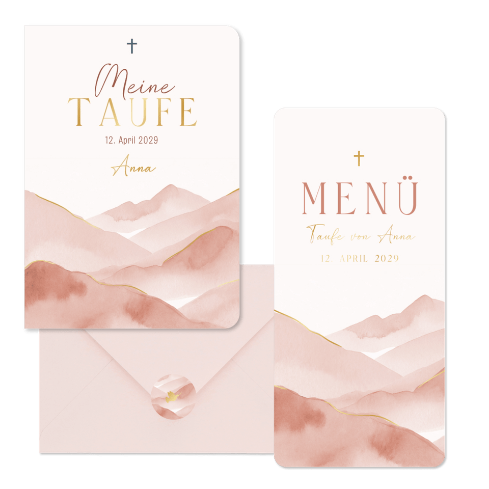 Taufe - Aquarell Berge rosa