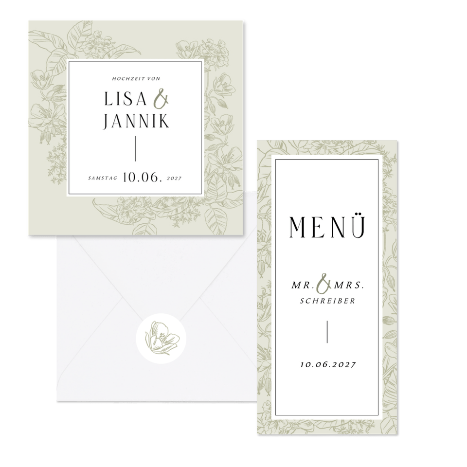 Hochzeitskartenset Blumen Line-Art in hellgrün pastell