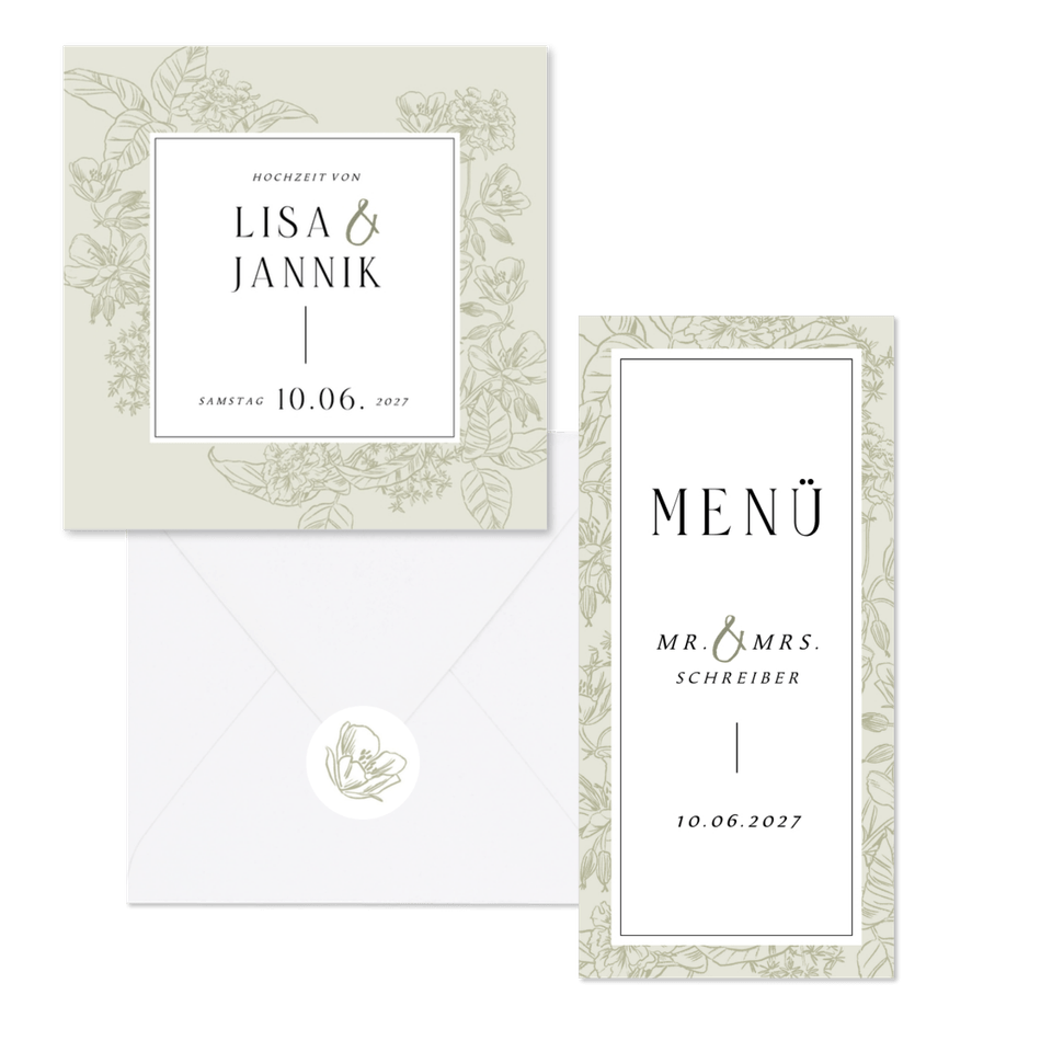 Hochzeitskartenset Blumen Line-Art in hellgrün pastell