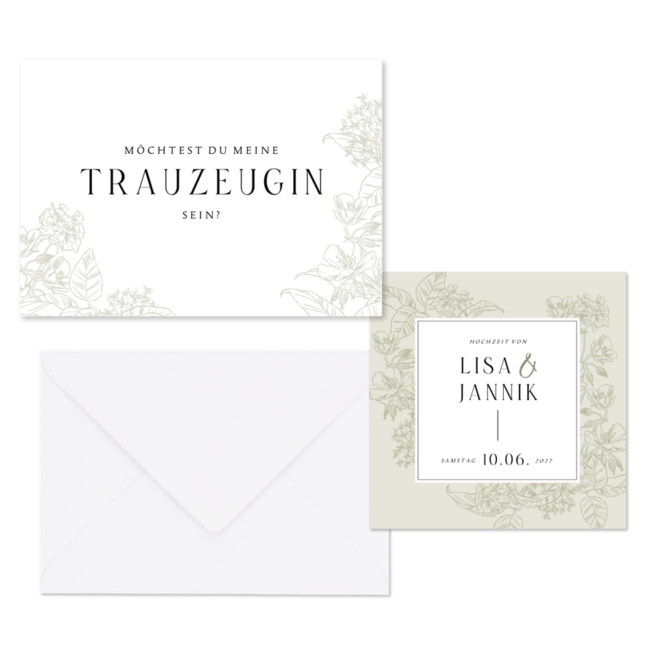Hochzeitskartenset Blumen Line-Art in hellgrün pastell