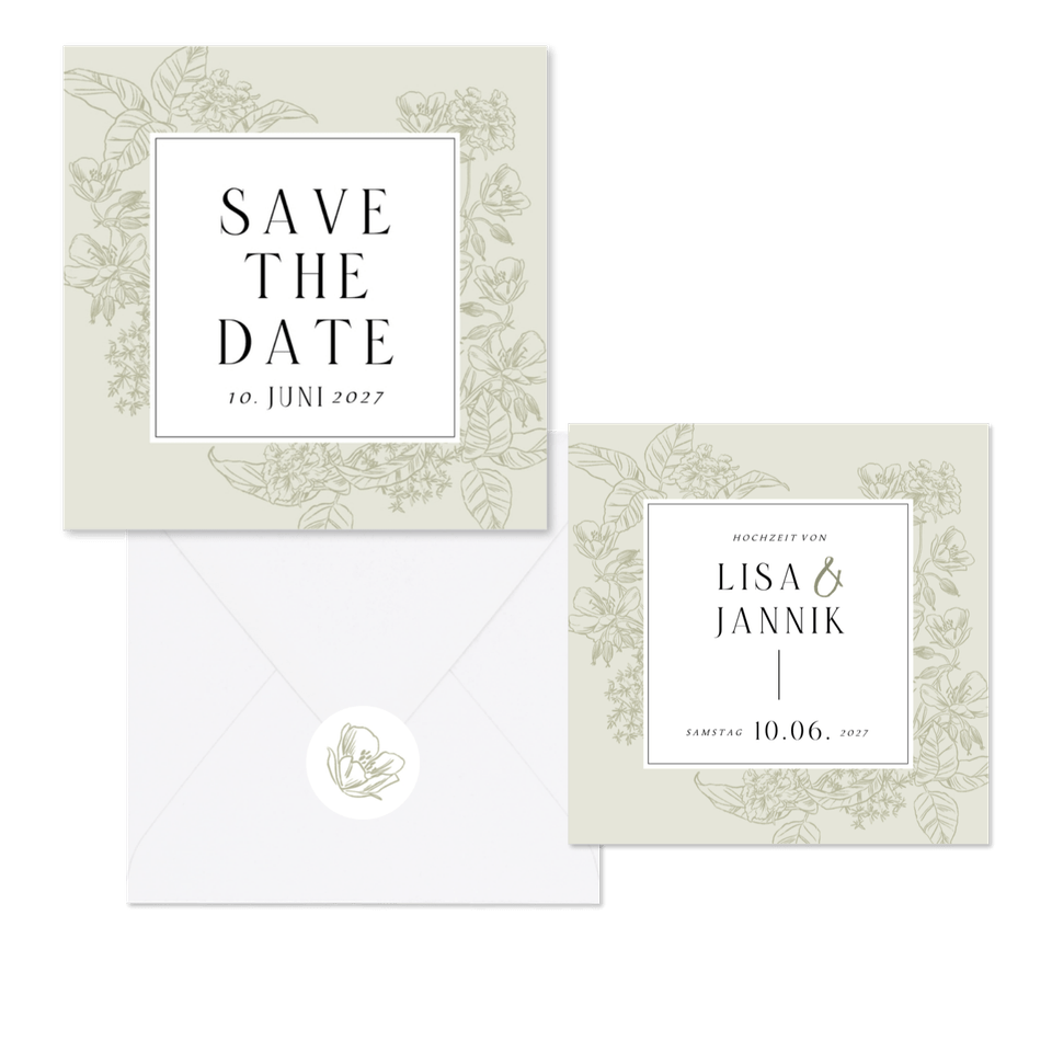 Hochzeitskartenset Blumen Line-Art in hellgrün pastell