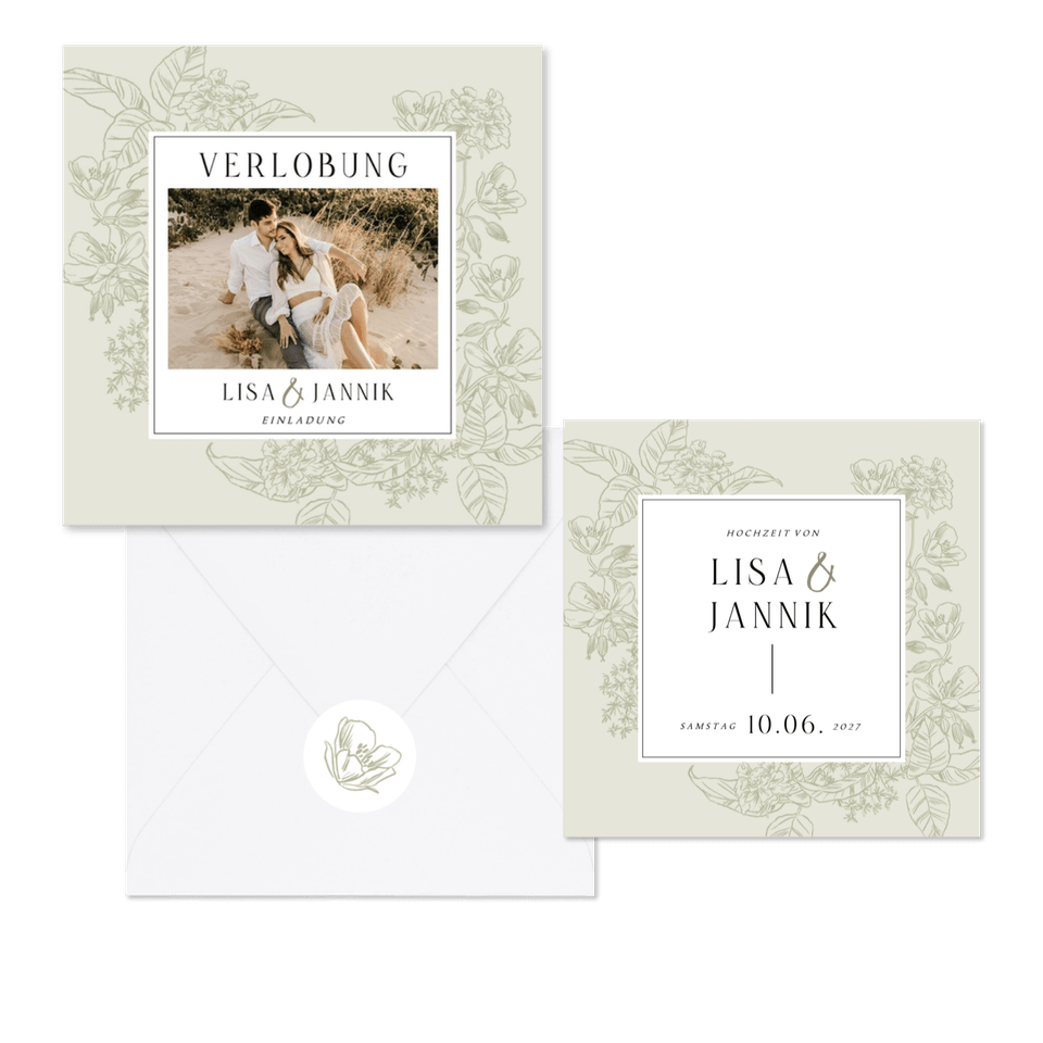 Hochzeitskartenset Blumen Line-Art in hellgrün pastell
