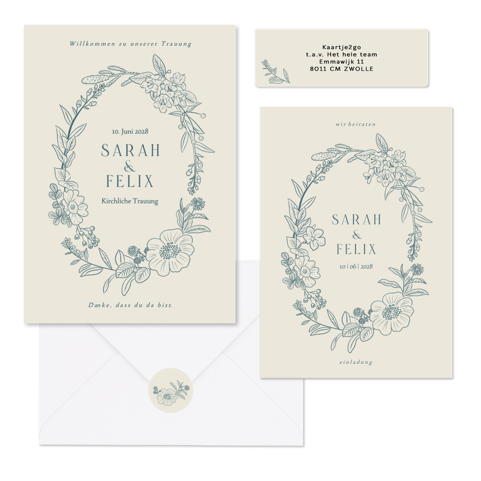 Hochzeitskartenset klassischer Blumenkranz in Blau