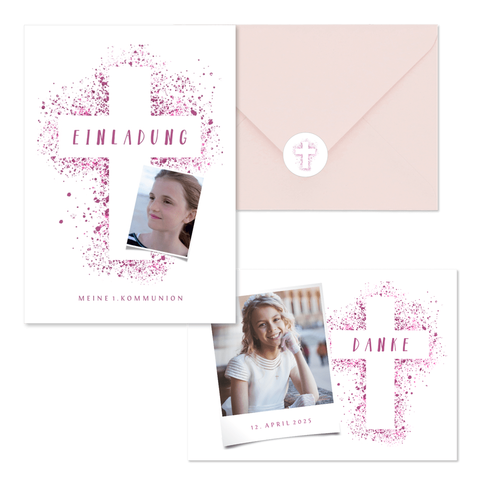 Kommunion - Kreuz Farbspritzer rosa