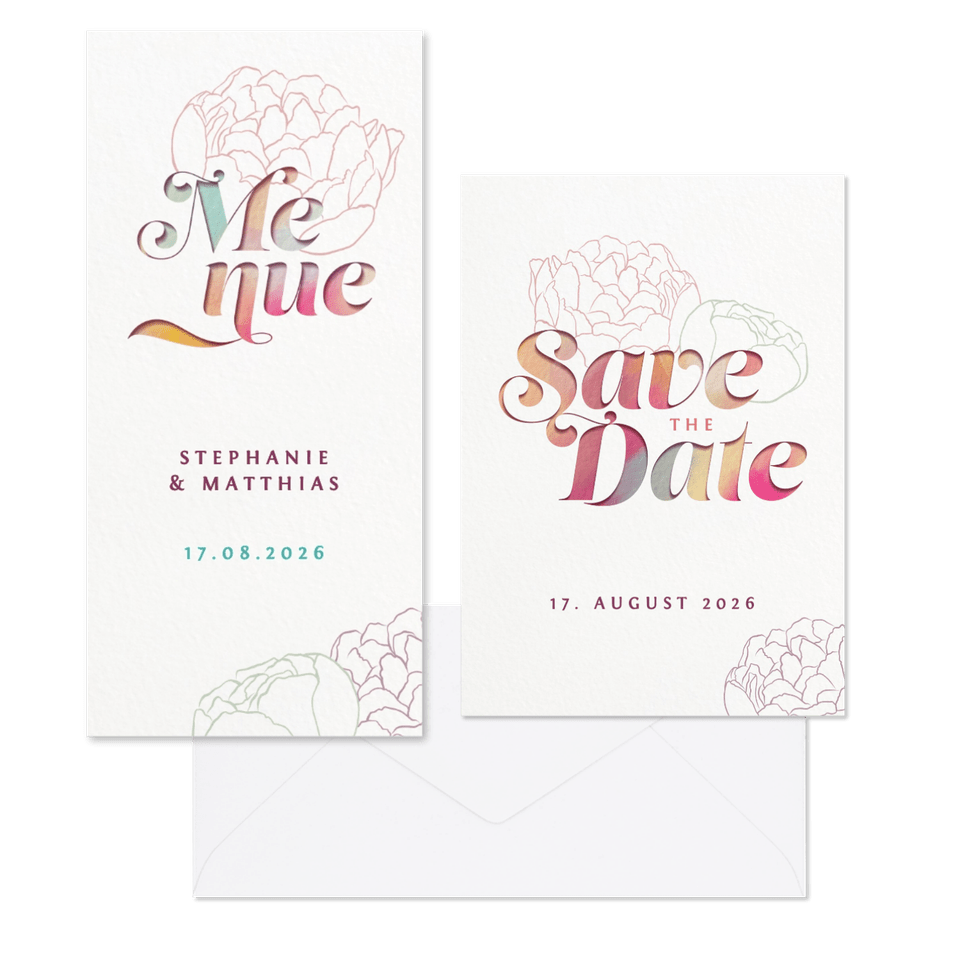 Hochzeitskartenset Bunte Papeterie mit Pfingstrosen