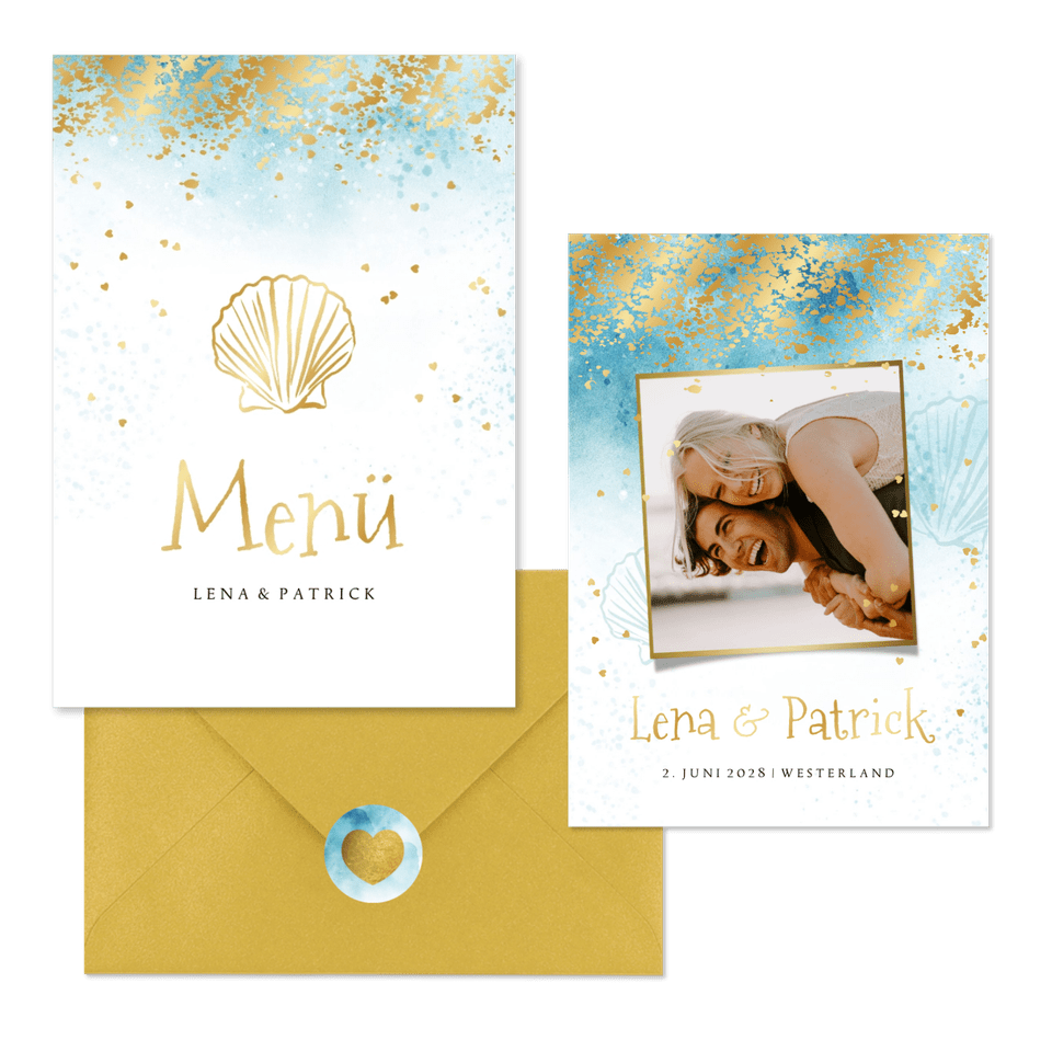 Hochzeitskartenset sommerlich Strandlook mit Gold