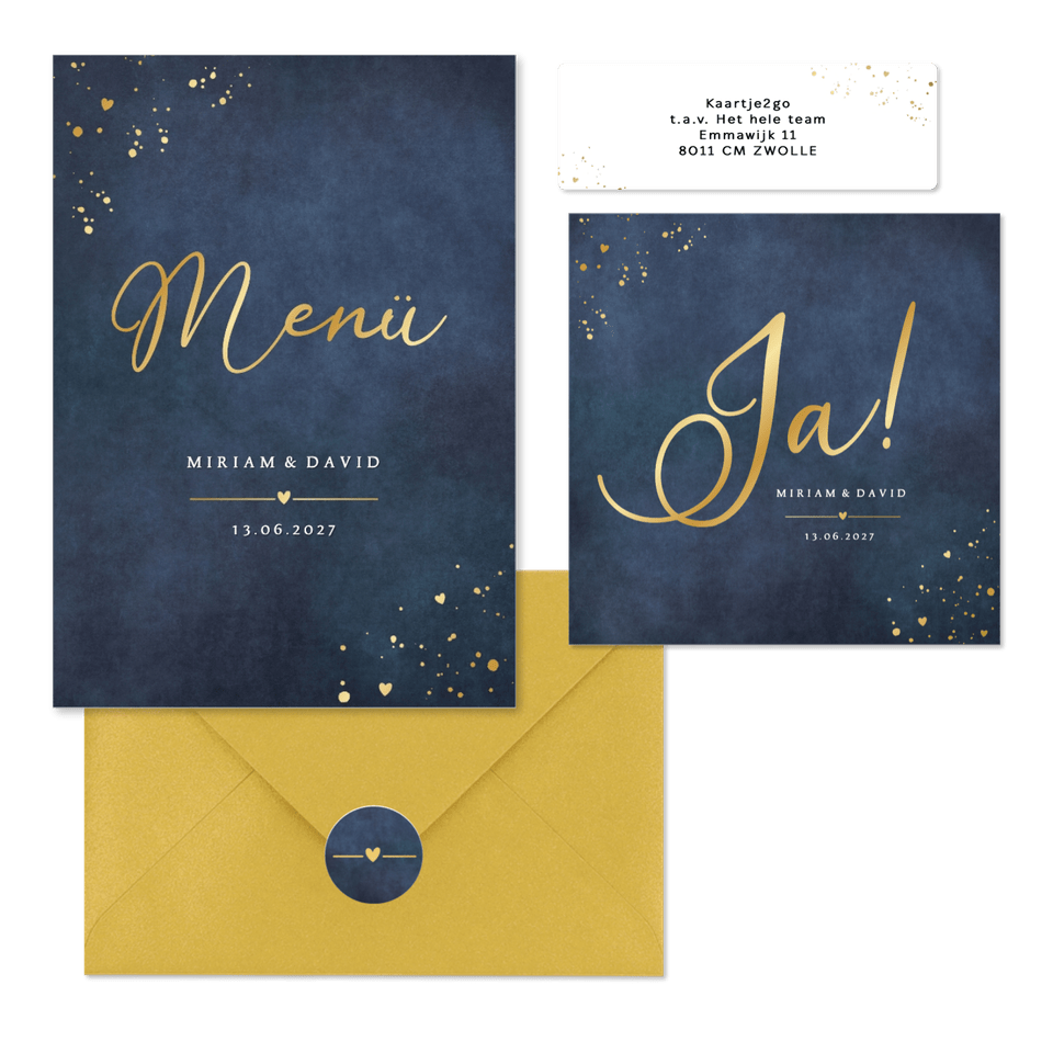 Hochzeitskartenset schlicht Gold auf Dunkelblau