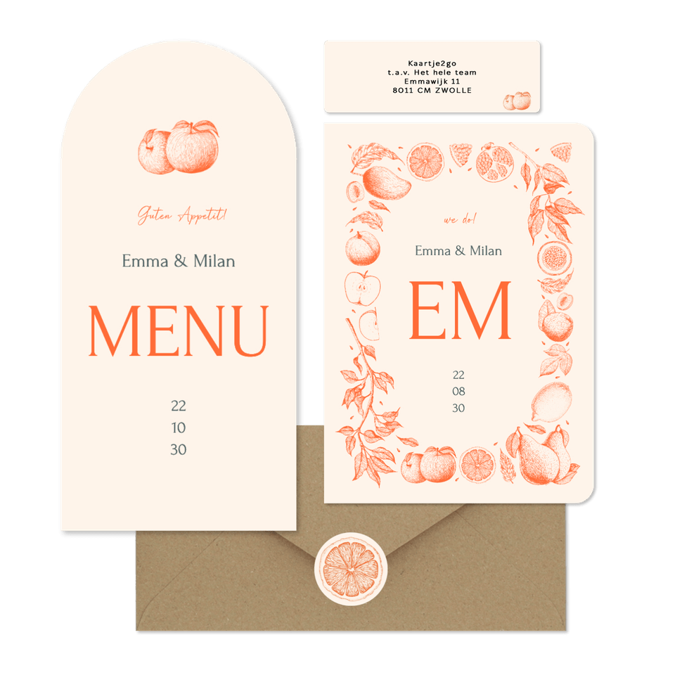 Hochzeit - Früchte in feinen Linienzeichnungen orange