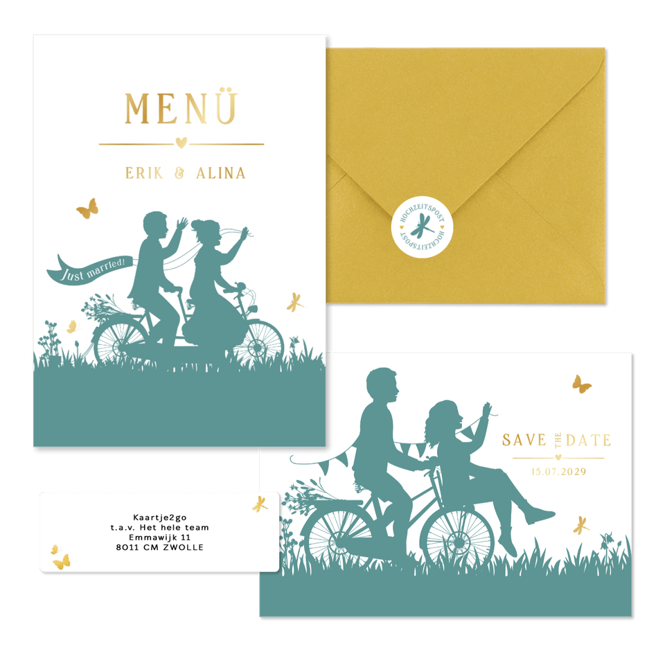 Hochzeitskartenset Scherenschnitt Brautpaar auf Fahrrad