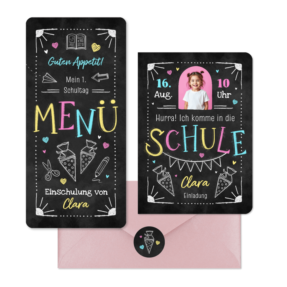 Einschulung Kreidetafel Doodle Maedchen