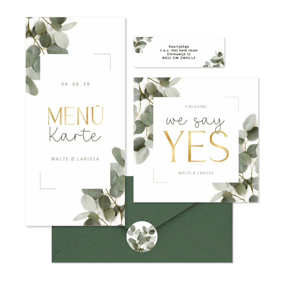 Hochzeitskarten dunkle Eukalyptuszweige & Schreibschrift