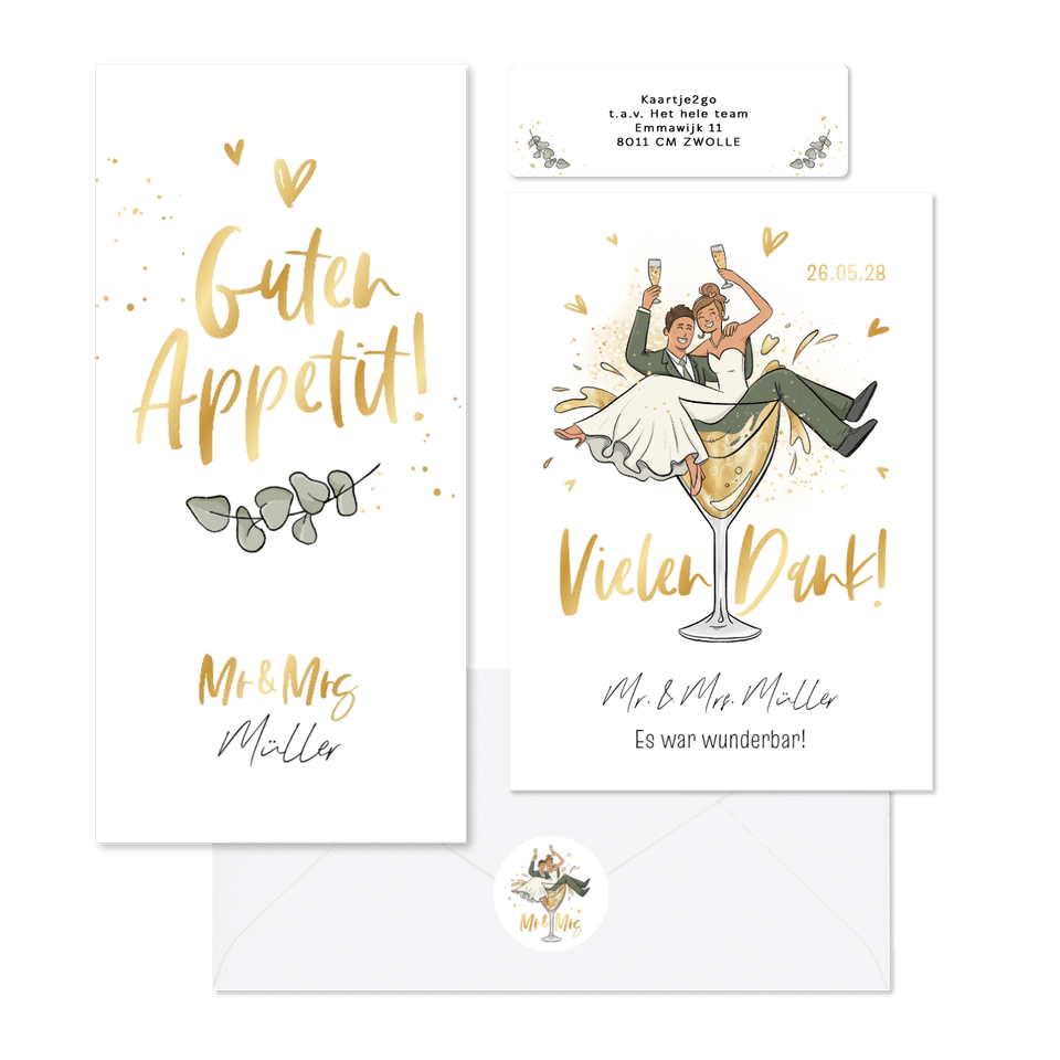 Hochzeitskartenset mit Brautpaar in Sektglas